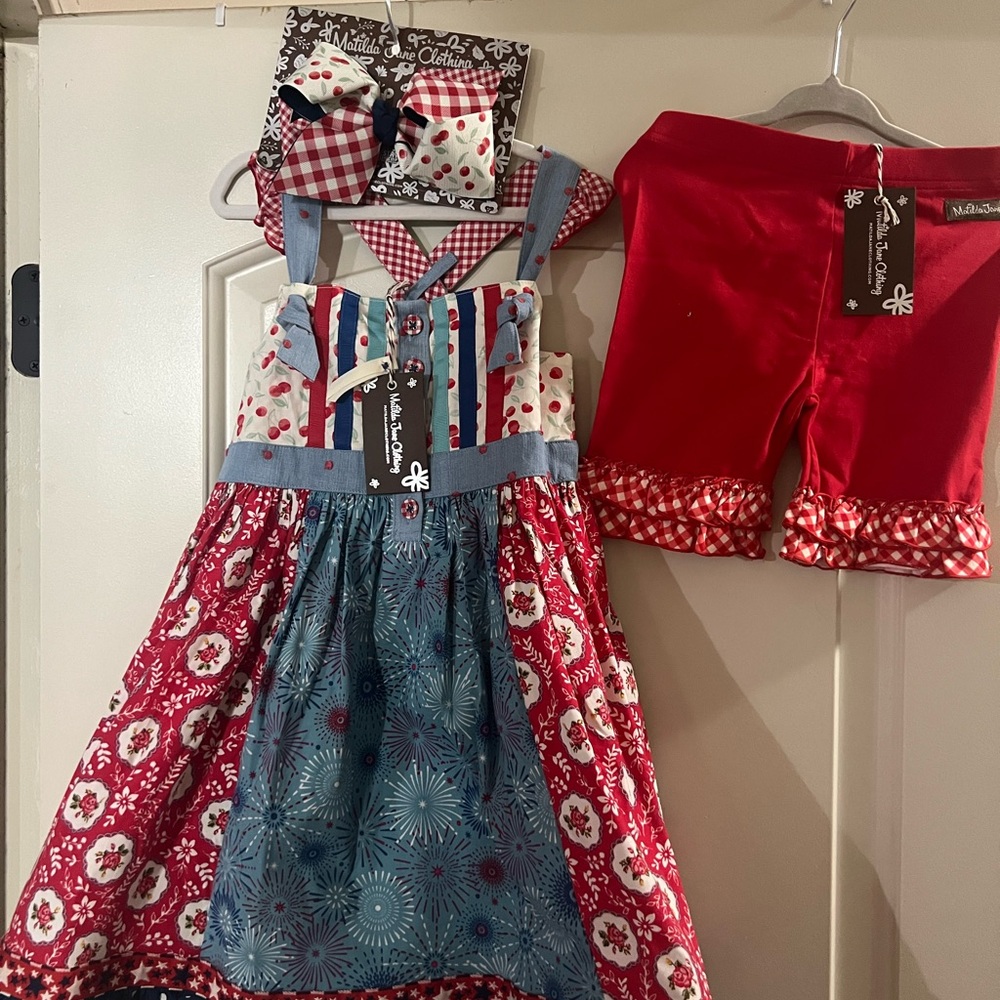 Matilda Jane Festive Knot Dress Shorties and Bow Set sz 6